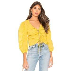 NWT Revolve L’Academie Melanie Tie Front Lace Up Bows Blouse Lemon Yellow Size S